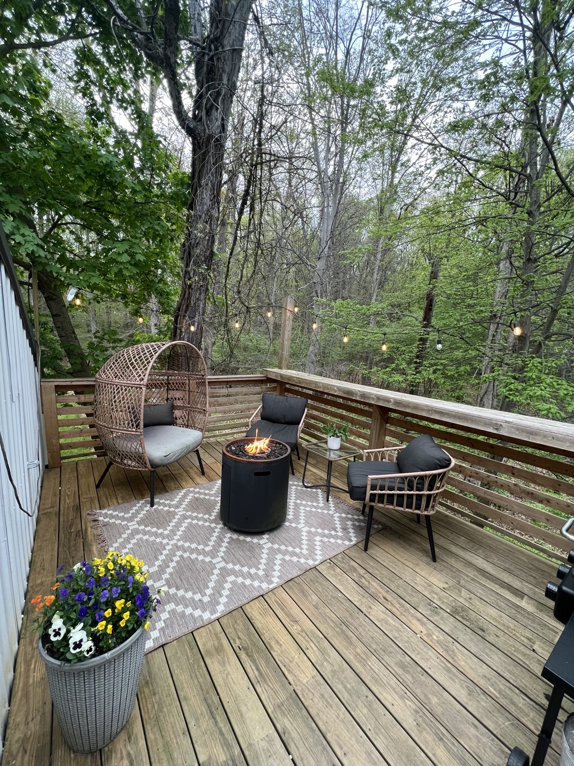 Fire pit and lounge chairs overlooking the treeline