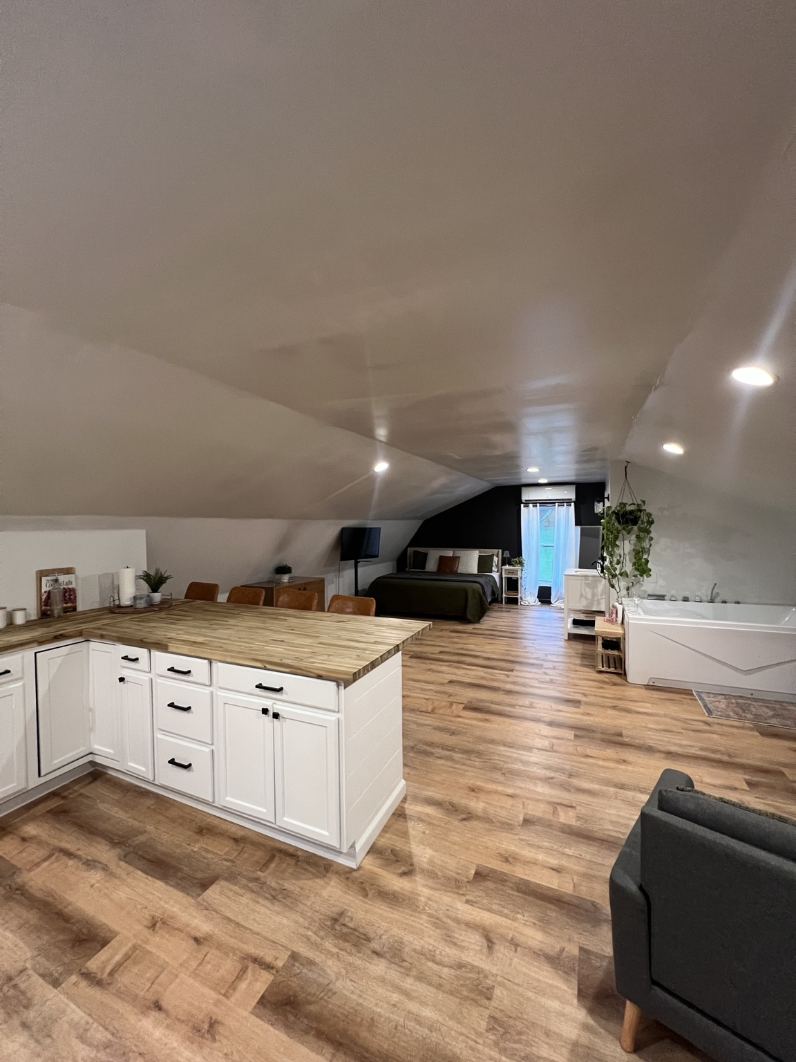 Kitchen island with the living area, bed and tub all in view