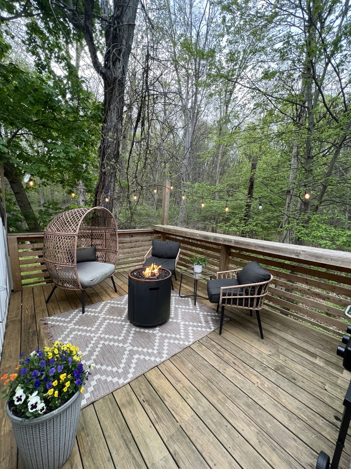 The deck at dusk surrounded by trees