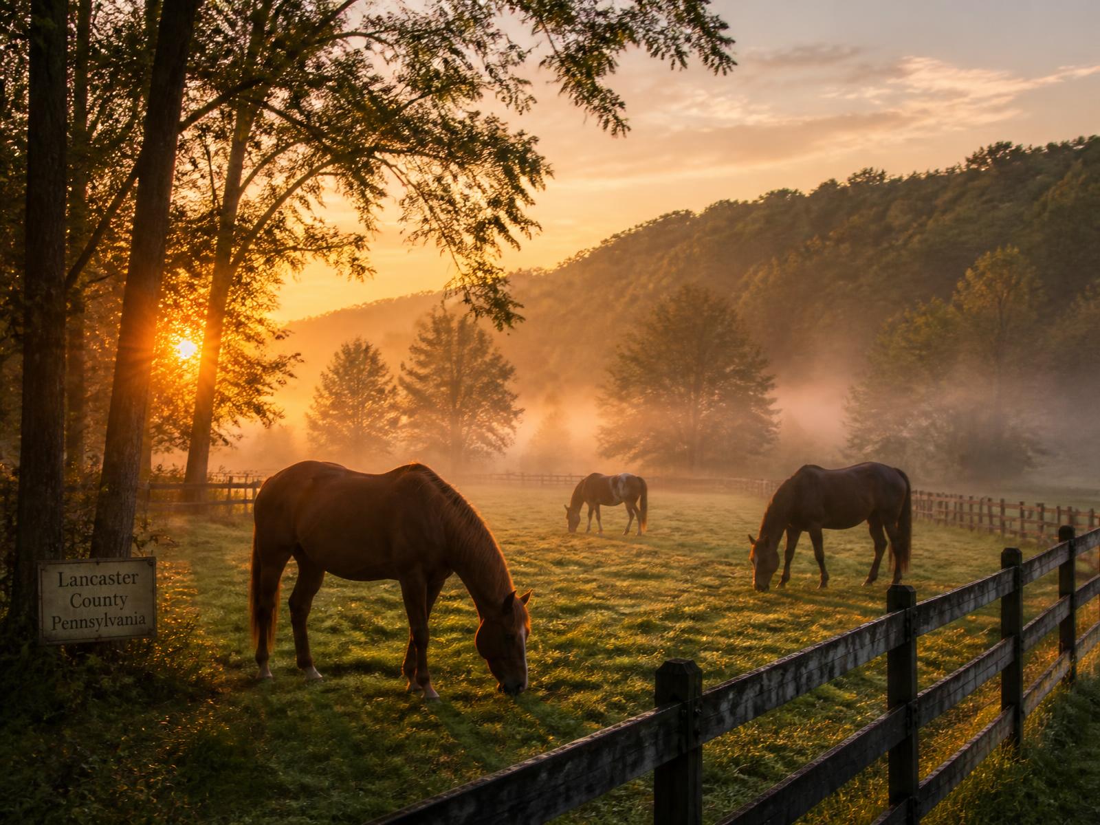 Horses in the pasture below the barn